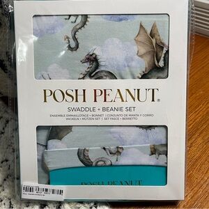 🐉Posh Peanut Percy Dragon Swaddle + Beanie Set Bamboo Baby Blanket NWT OS Hat